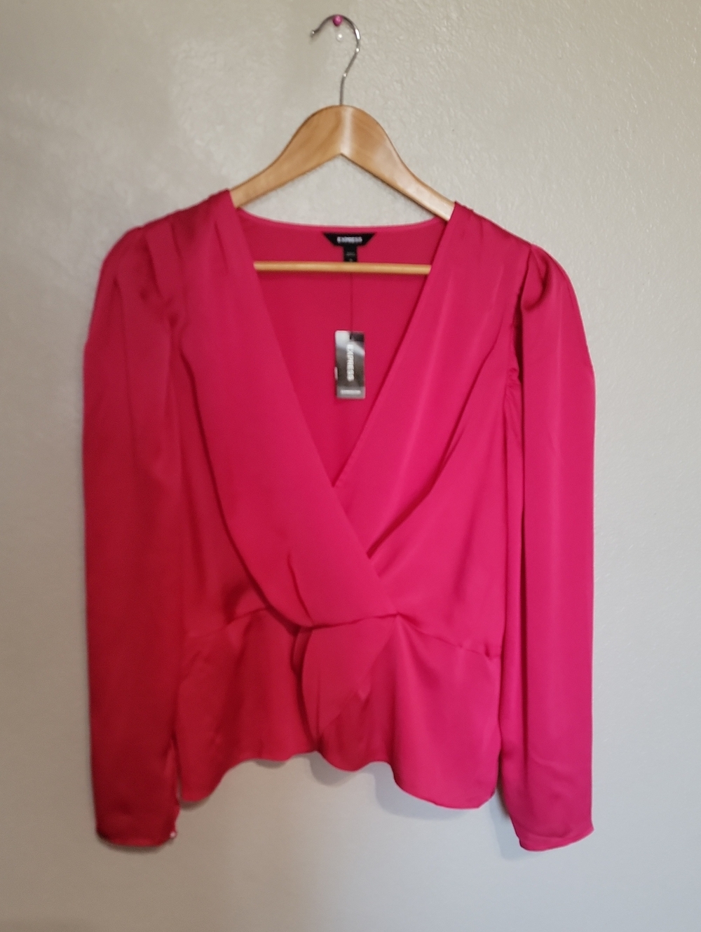 Express Hot Pink Twist-Front Long Sleeve Blouse